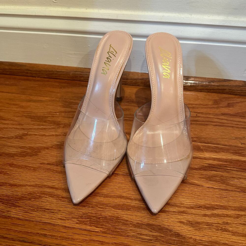 Liliana Clear PVC Nude Pointed Toe Stiletto Mule Heels Size 8.5
